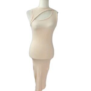 Urban Outfitters Cut Out Ribbed Bodycon Midi Dress Sleeveless S Cream Ivory New